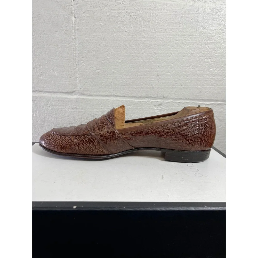 Shoeman Lau‎ Brown Ostrich Leather Penny Loafer Dress Shoes Handmade Men's 10 D